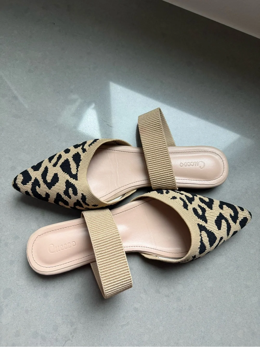 Beige and Black Leopard Pointed Toe D'Orsay Flats - Women